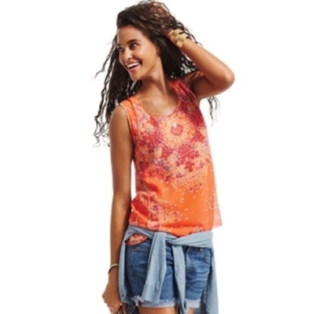 CAbi orange floral Merrow Edge tank size S // 0410